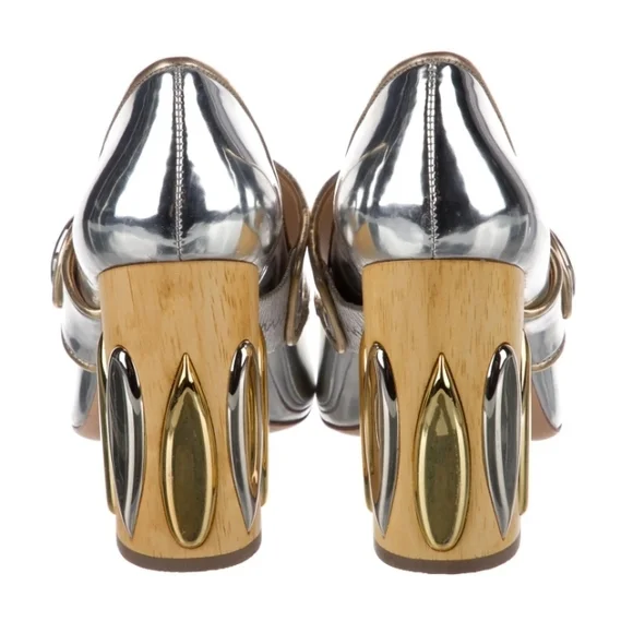 Tory Burch Madison Silver Gold Color Metallic Block Heel Mary Jane Pumps - Picture 3 of 5